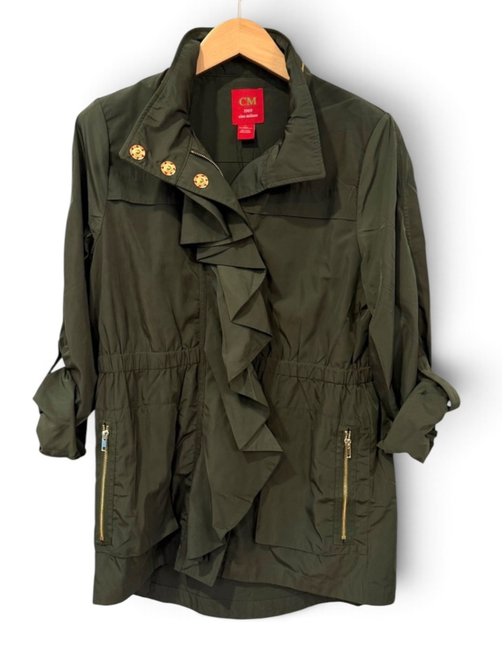 Ciao Milano CM1969 Olive Green Ruffle-Front Utility Anorak Jacket Size L NWT